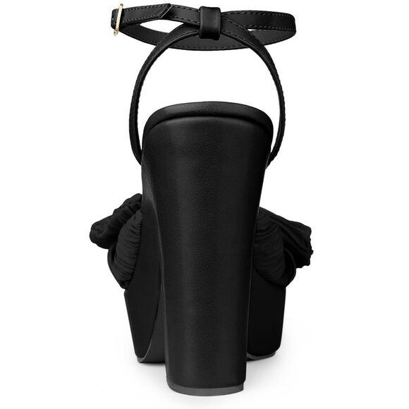 Women's Platform Pleated Bow Slingback Block High Heel Sandals Black - Picture 3 of 6